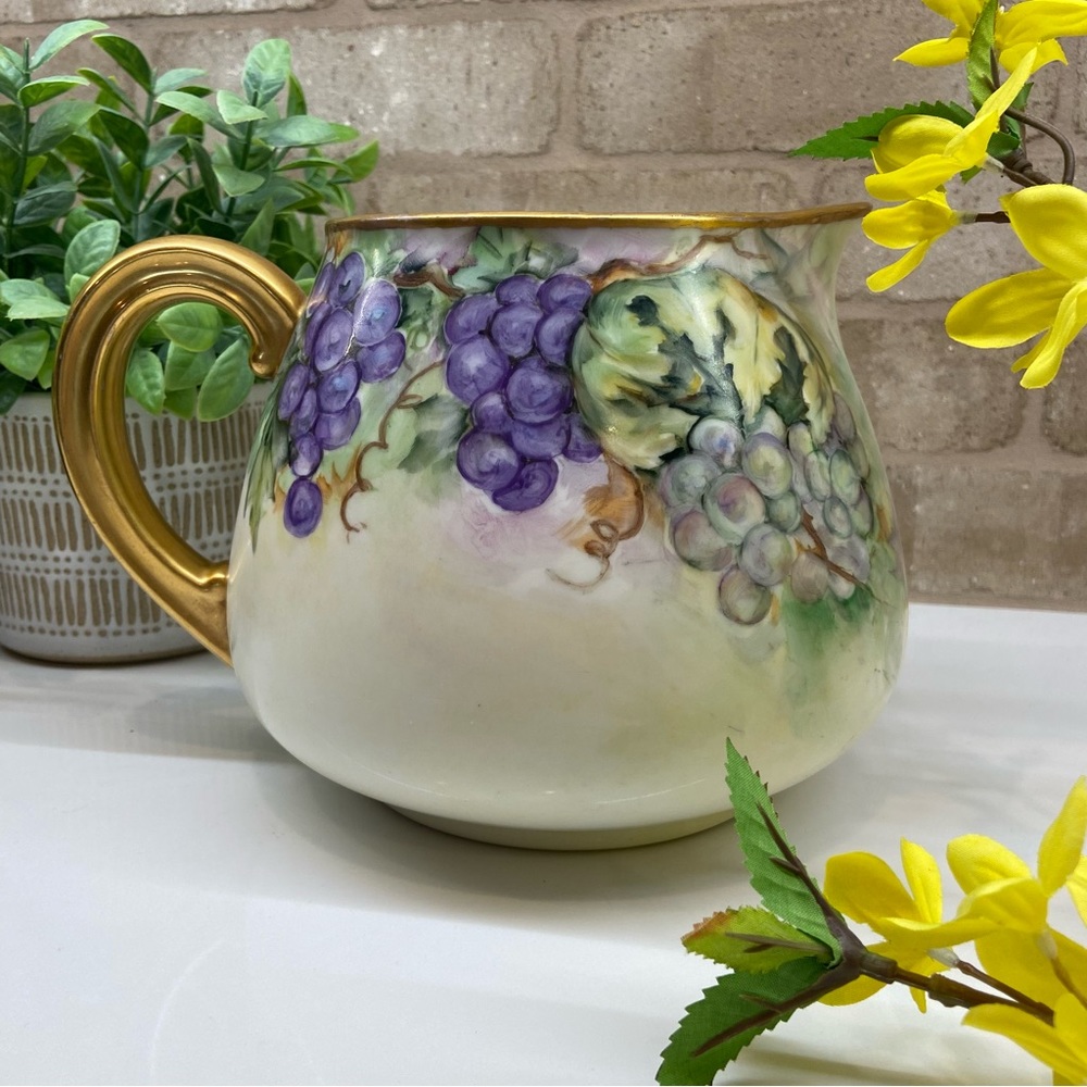 T&V French Limoges 1924 Porcelain Cider Pitcher, Signed by Artist